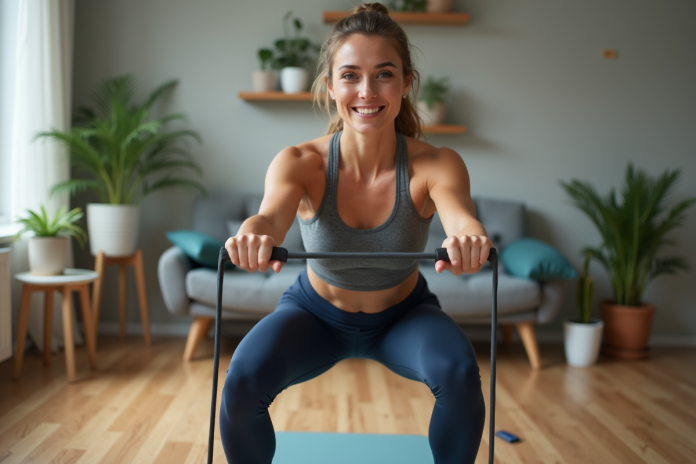 Femme en leggings et top faisant un squat avec bande de résistance