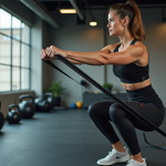 Femme en squat avec bande de résistance dans salle de sport