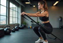 Sport avec élastique : avantages et exercices pour progresser efficacement ! Femme en squat avec bande de résistance dans salle de sport