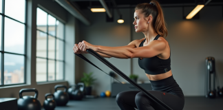 Femme en squat avec bande de résistance dans salle de sport