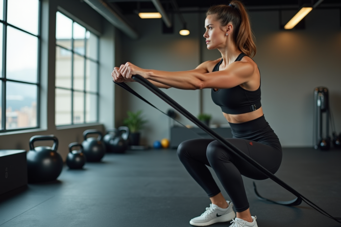 femme-squat-resistance-bande Femme en squat avec bande de résistance dans salle de sport