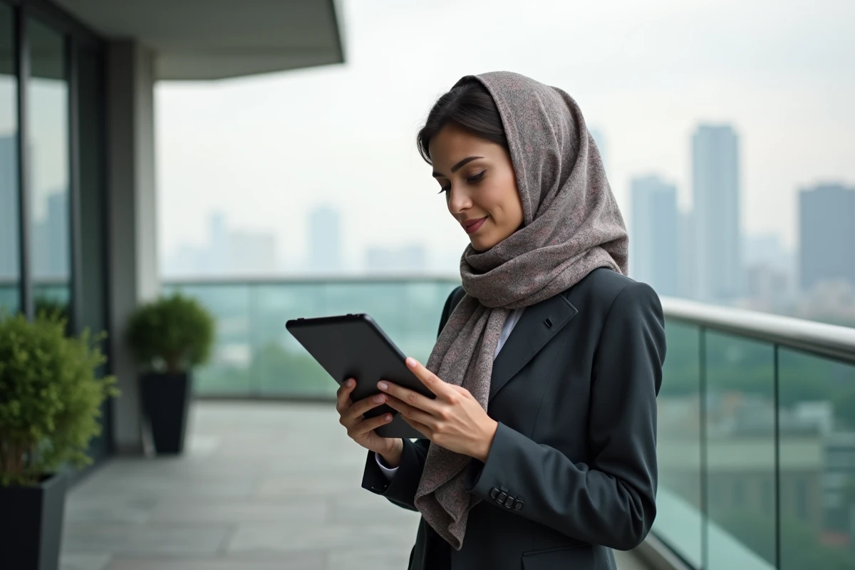 Femme avec foulard sur une terrasse urbaine