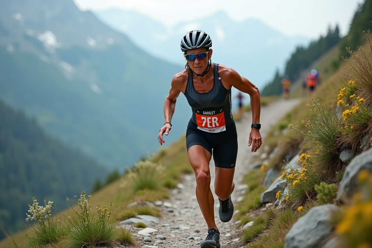 Femme en triathlon grimpe une montagne escarpée