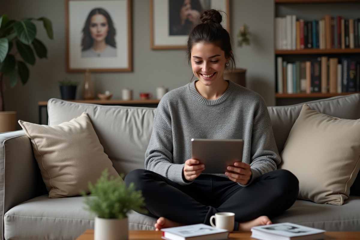 Femme souriante utilisant une tablette dans un salon cosy