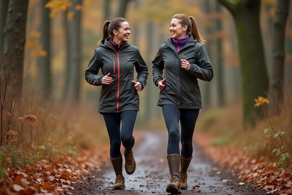 Deux femmes en train de courir sur un sentier forestier boueux en automne avec équipement trail running