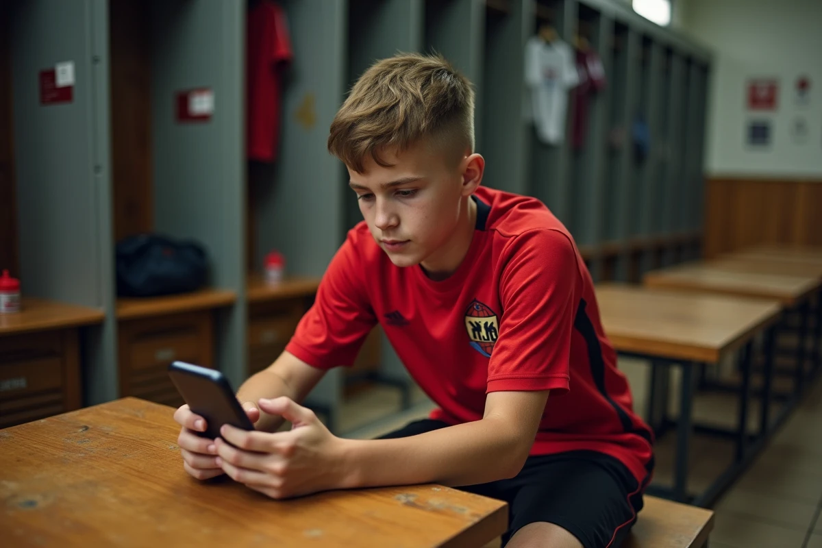 Un jeune footballeur consultant son espace Footclub FFF sur mobile dans un vestiaire de club sportif
