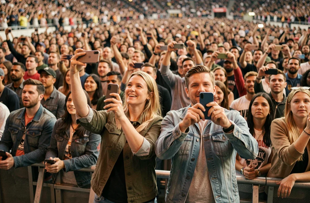 Couple en fosse lors d'un concert au Stade de France entouré d'une foule dense sur la pelouse