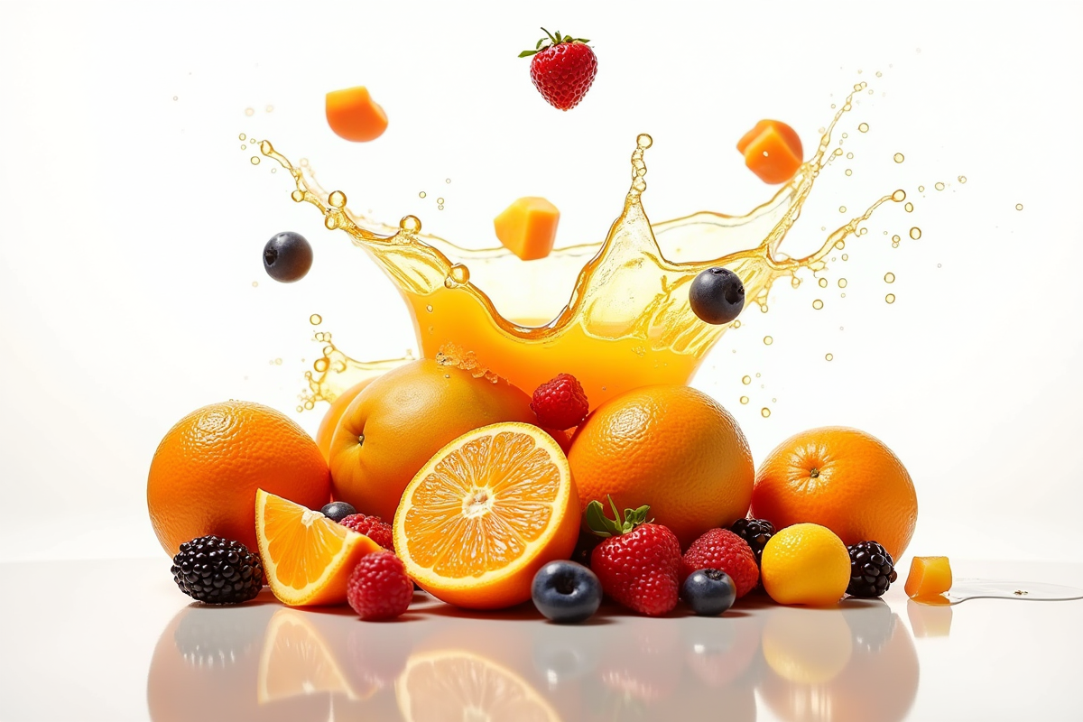 Fruits en action dans un splash de jus coloré et frais