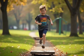 Garçon de 11 ans courant dans un parc automnal ensoleille
