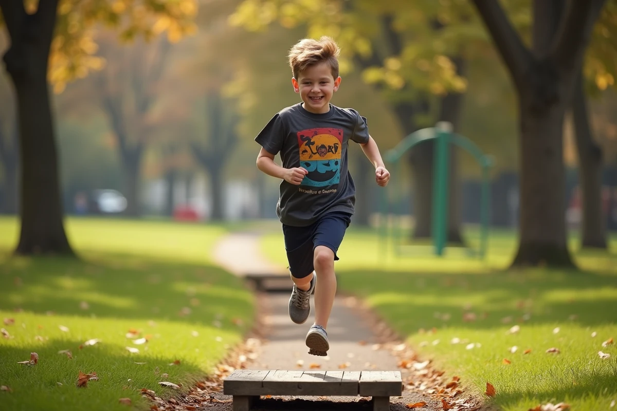 Garçon de 11 ans courant dans un parc automnal ensoleille