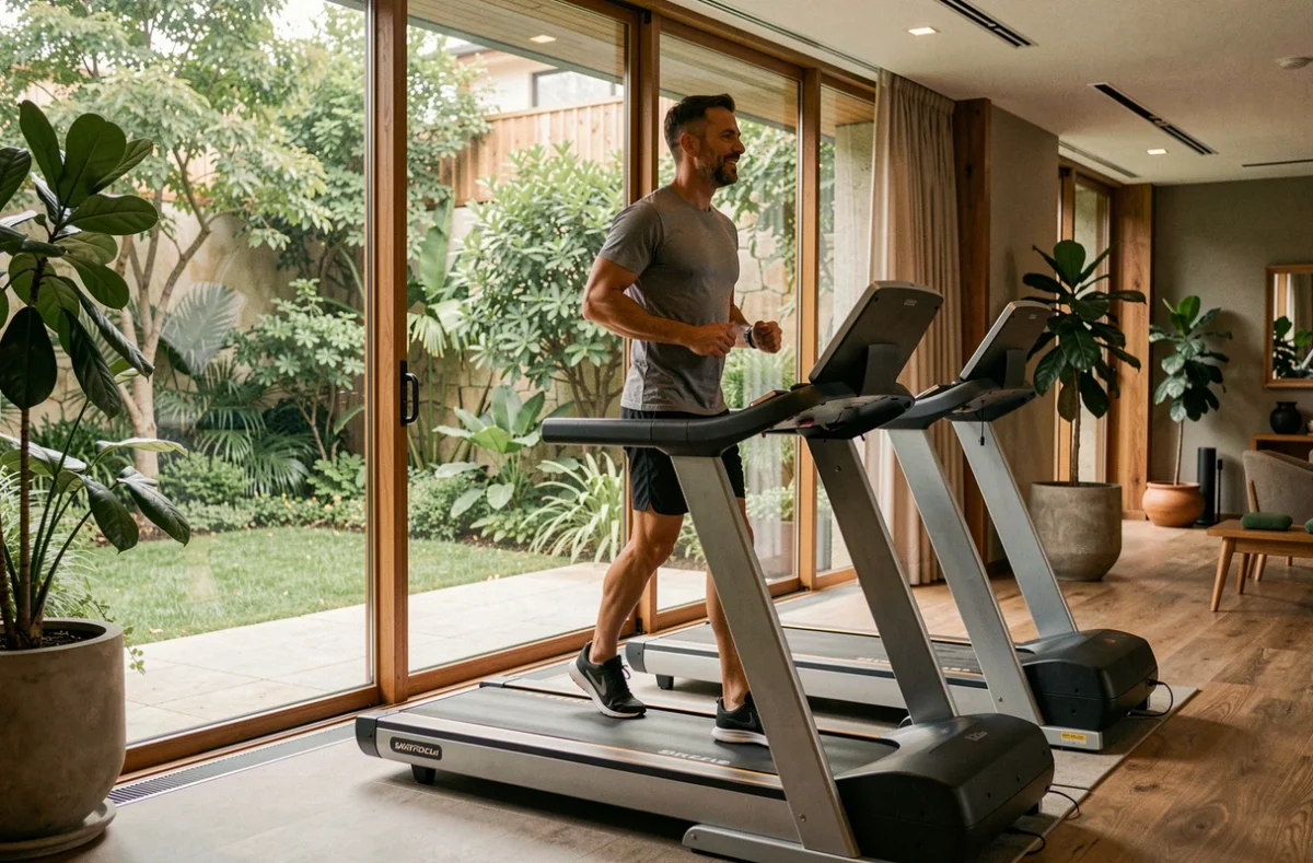 Homme courant sur tapis roulant dans la salle Garden Gym à Augny avec vue sur jardin extérieur