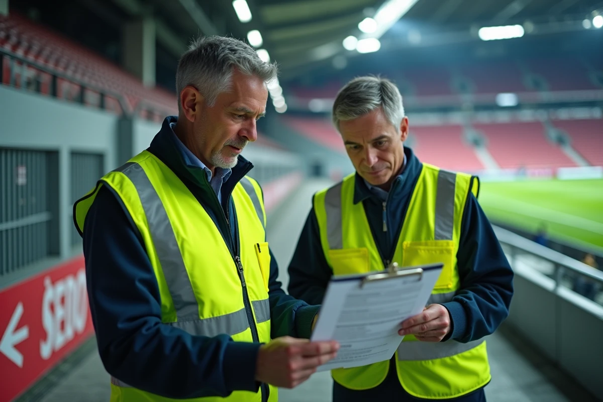 Agent de sécurité et responsable des supporters discutant de la gestion des groupes ultras dans un stade de football professionnel français
