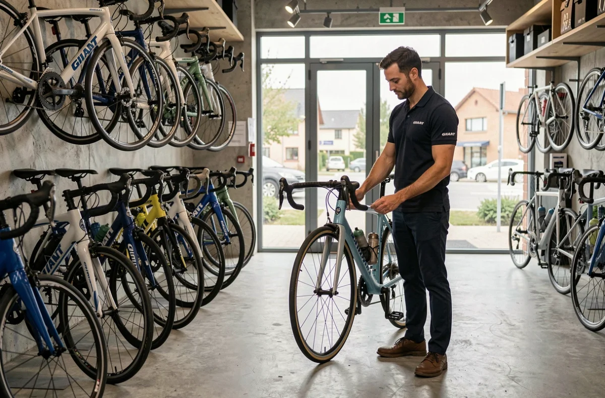 Intérieur du magasin Giant Lyon Ouest Cycles Blain à Brignais avec des vélos Giant exposés et un vendeur