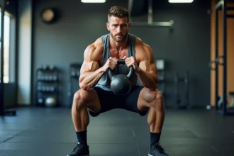 Homme en train d'effectuer un goblet squat avec kettlebell dans une salle de sport moderne, vue de trois quarts mettant en valeur la posture et la technique