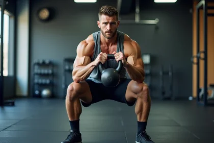 Homme en train d'effectuer un goblet squat avec kettlebell dans une salle de sport moderne, vue de trois quarts mettant en valeur la posture et la technique