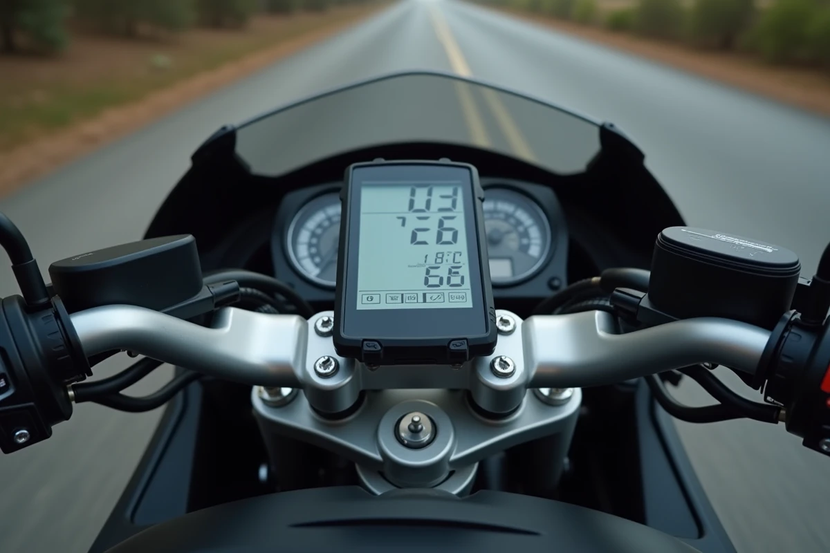GPS monté sur le guidon d'une Aprilia RS 125 affichant des données de vitesse, vue détaillée du cockpit et du tableau de bord