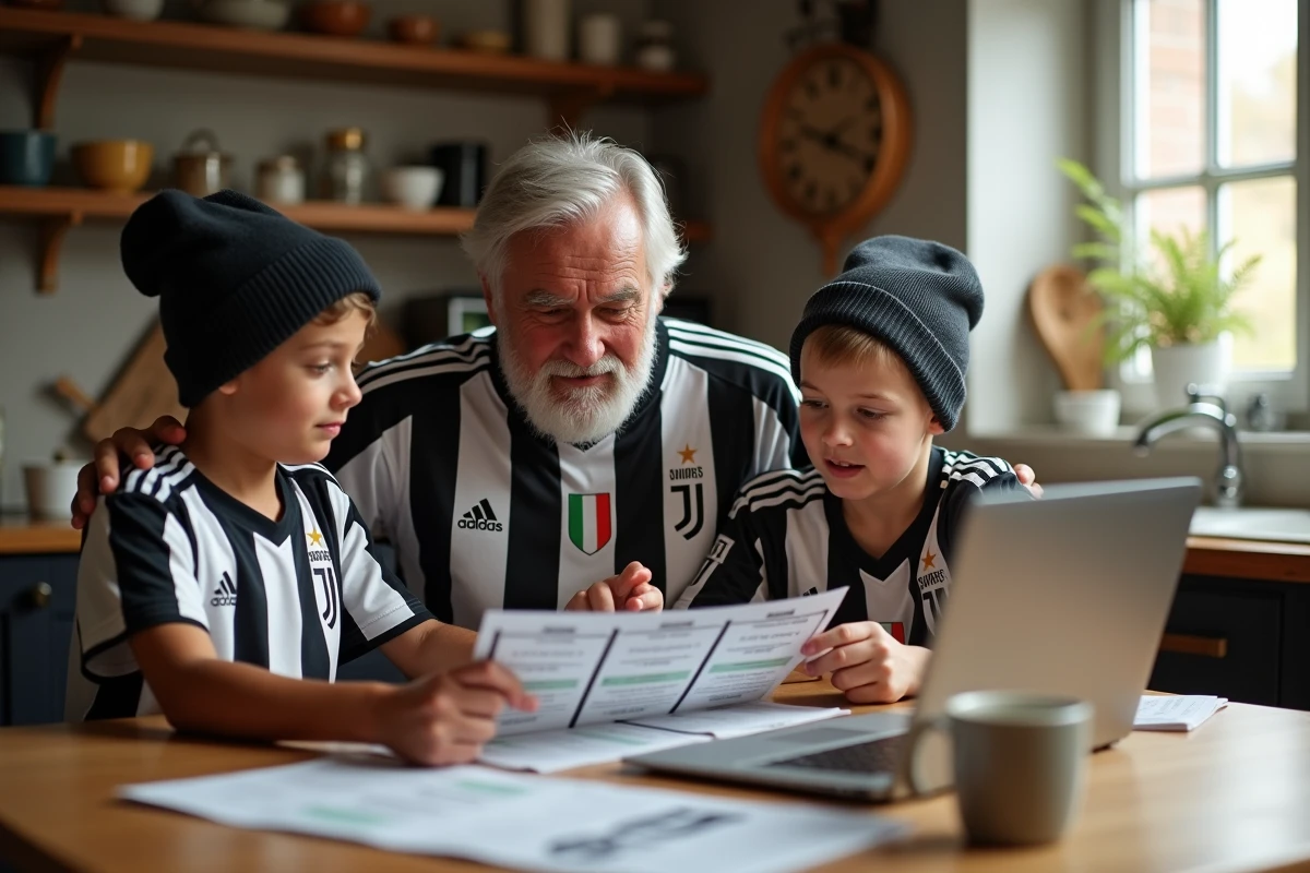 Grand-père et petits-enfants en maillots Juventus FC comparant les catégories de billets à la maison avant le match