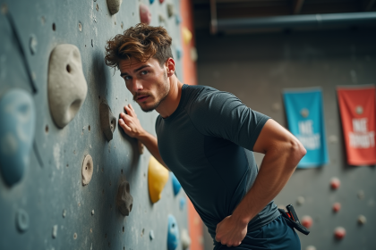 Jeune homme grimpeur en salle avec mur d'escalade