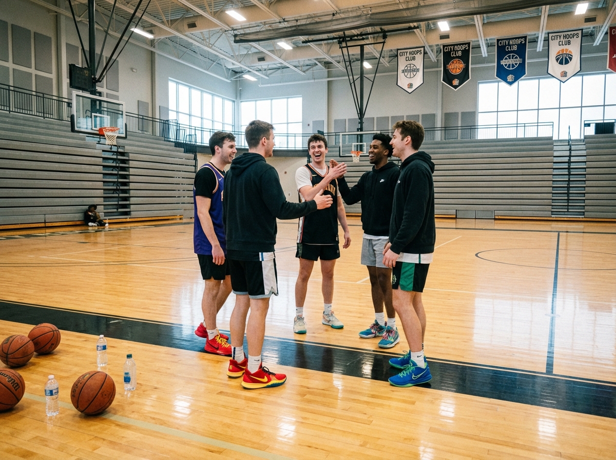 Groupe d'amis souriants sur un terrain de basket moderne