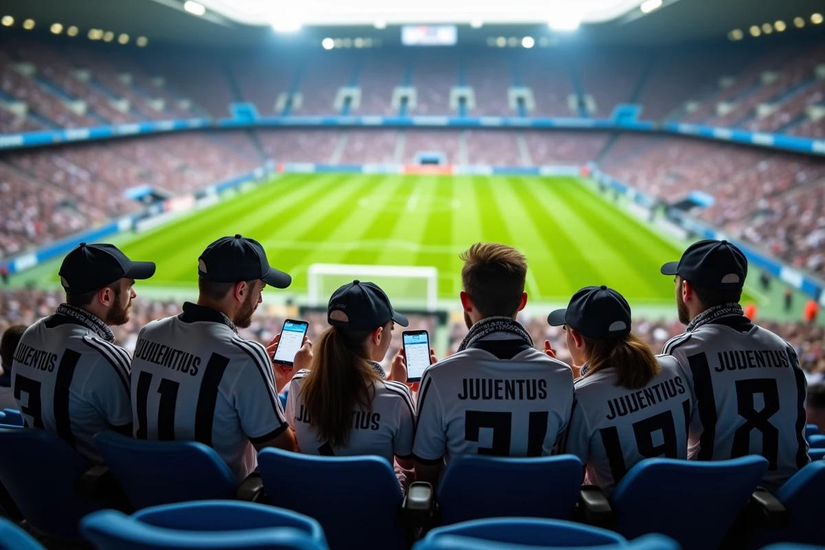 Groupe d'amis adultes en maillots Juventus FC consultant leurs billets électroniques dans les tribunes du stade