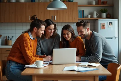 Groupe de jeunes adultes autour d'une table de cuisine conviviale