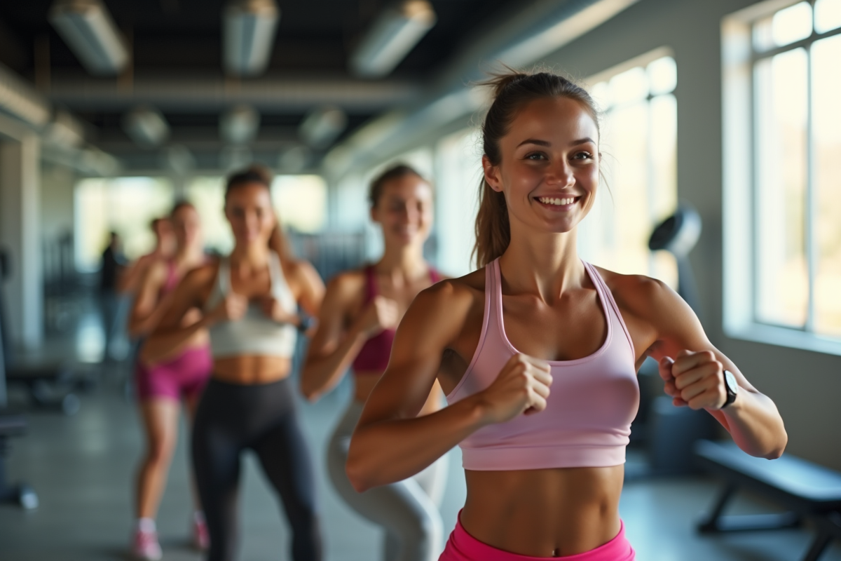 Groupe de femmes diverses faisant du sport en salle lumineuse
