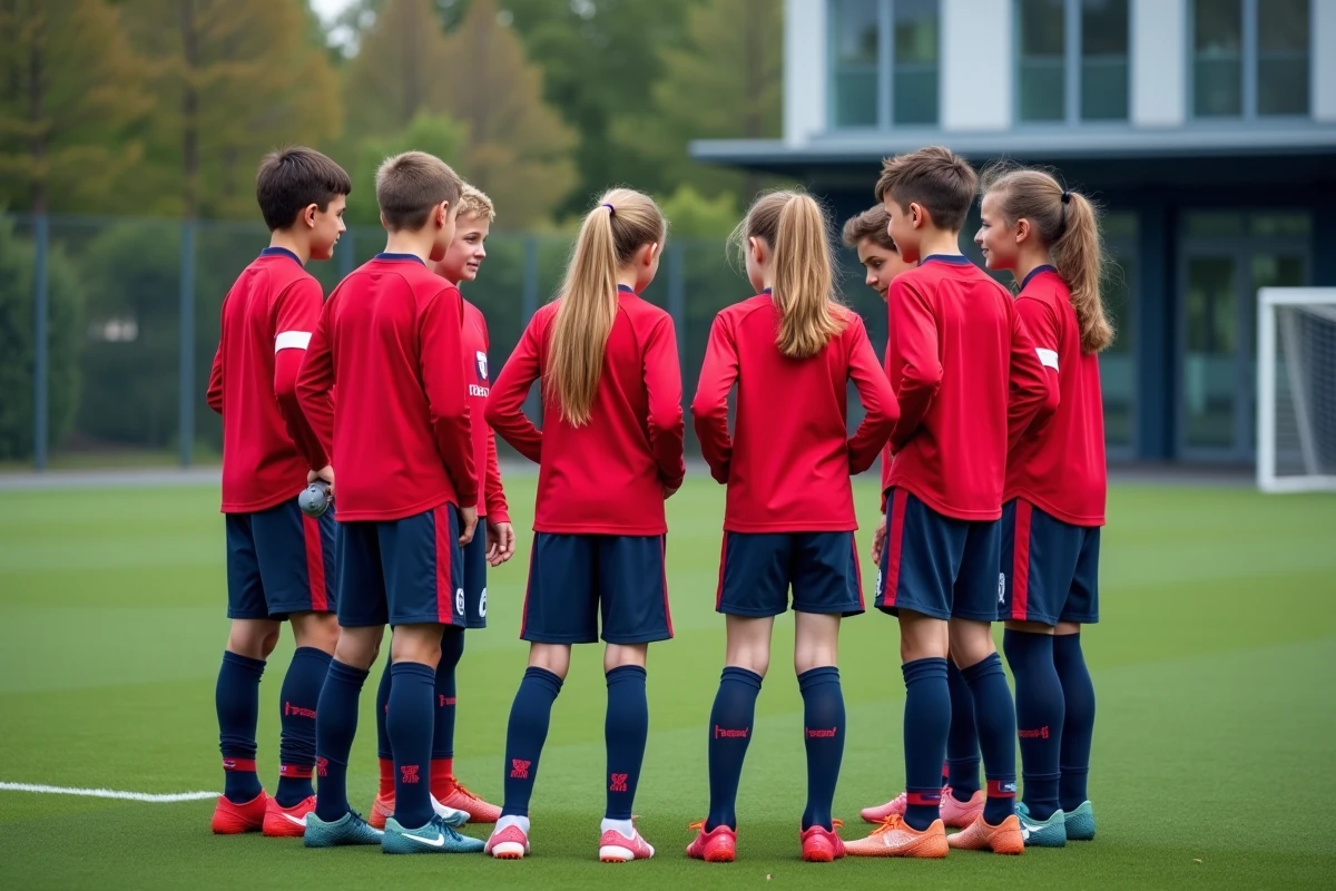 Groupe de jeunes footballeurs en cercle après l'entraînement sur un terrain synthétique d'un club FFF 91 en Essonne