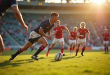 Joueurs de rugby en action sur le terrain en plein jour
