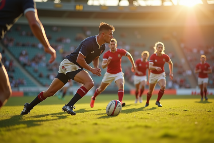 Joueurs de rugby en action sur le terrain en plein jour