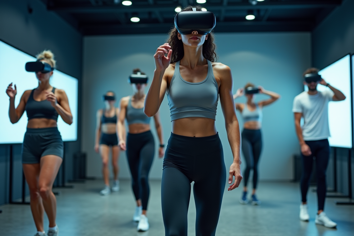 Groupe diversifié testant la réalité virtuelle en salle de sport
