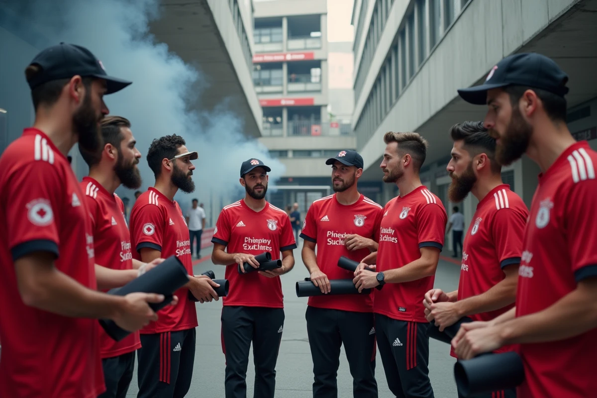 Groupe d'ultras du club de football lyonnais se préparant avant un match devant l'entrée du stade