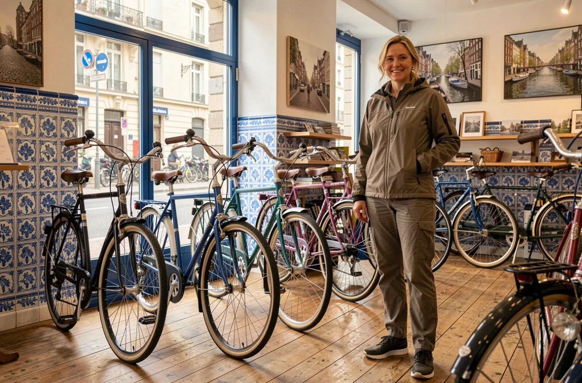 Propriétaire de Holland Bikes Lyon présentant des vélos hollandais classiques dans sa boutique inspirée des Pays-Bas