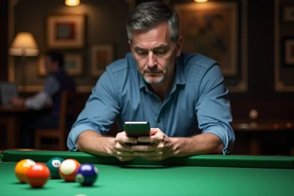 Homme d'âge moyen examine son smartphone sur une table de billard