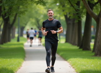 Homme d'âge moyen courant dans un parc urbain verdoyant