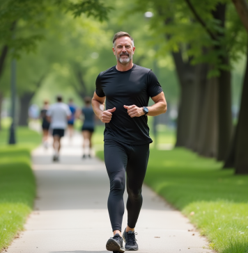 Ancien athlète : perdre du poids facilement et naturellement sans régime drastique ! Homme d'âge moyen courant dans un parc urbain verdoyant