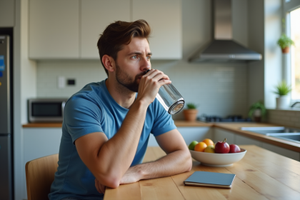 Homme en t-shirt bleu boit de l'eau à la cuisine