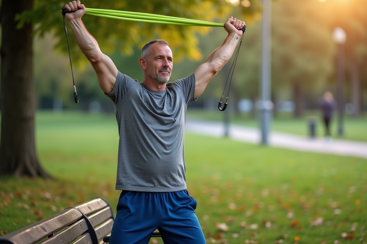 Homme faisant étirement avec bande dans parc en plein air