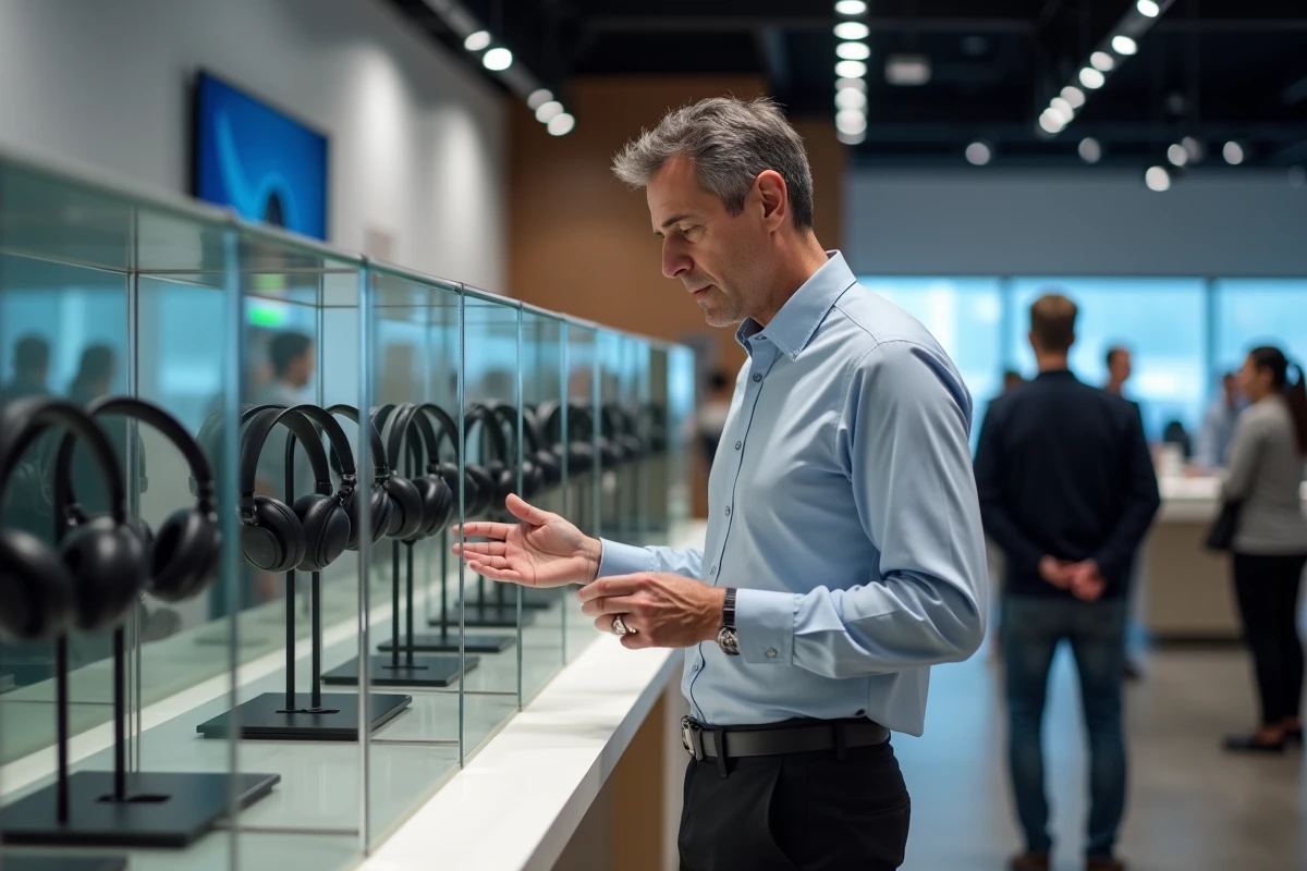 Homme examine des écouteurs dans un magasin d