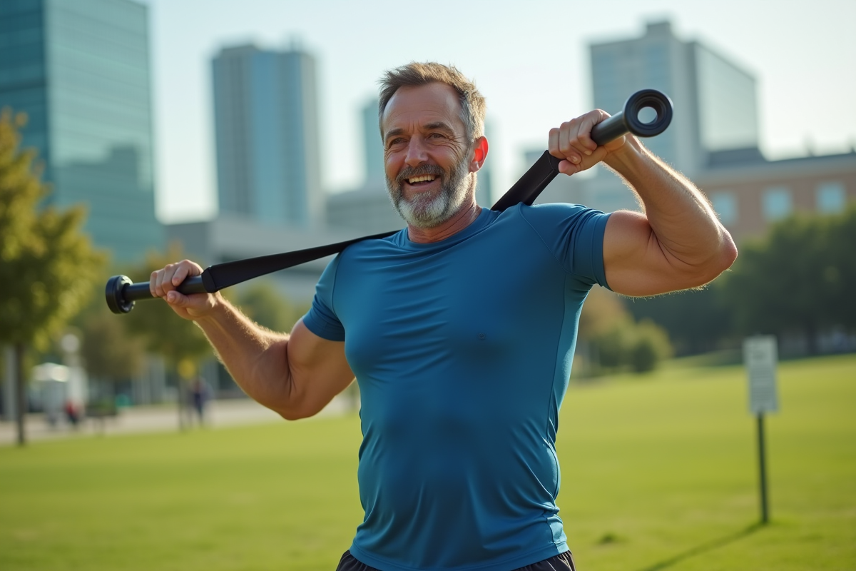 Homme utilisant une bande de résistance en extérieur dans un parc