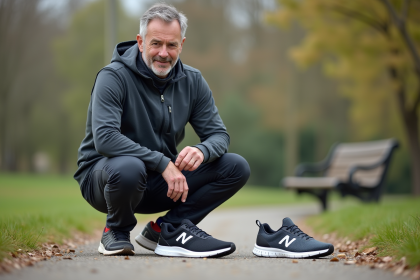Homme d'âge moyen examinant deux paires de chaussures de course