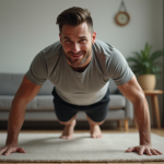 Homme en train de faire des pompes dans un salon moderne