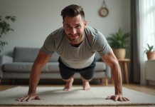 Homme en train de faire des pompes dans un salon moderne