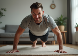 Renforcer son corps en 10 minutes : est-ce suffisant pour progresser ? Homme en train de faire des pompes dans un salon moderne