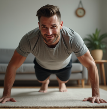 Renforcer son corps en 10 minutes : est-ce suffisant pour progresser ? Homme en train de faire des pompes dans un salon moderne