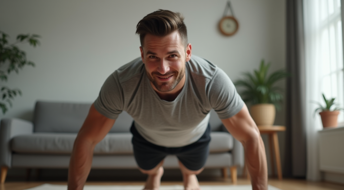 Homme en train de faire des pompes dans un salon moderne
