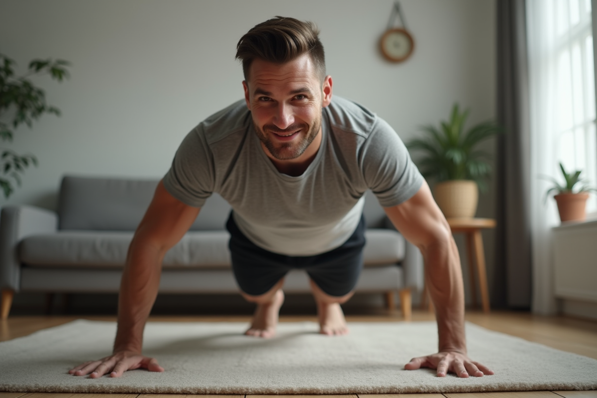 Homme en train de faire des pompes dans un salon moderne