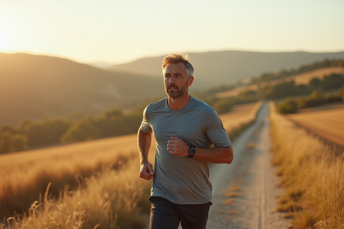Homme courant dans un paysage rural paisible