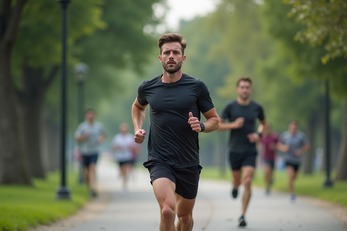 Jeune homme courant dans un parc urbain