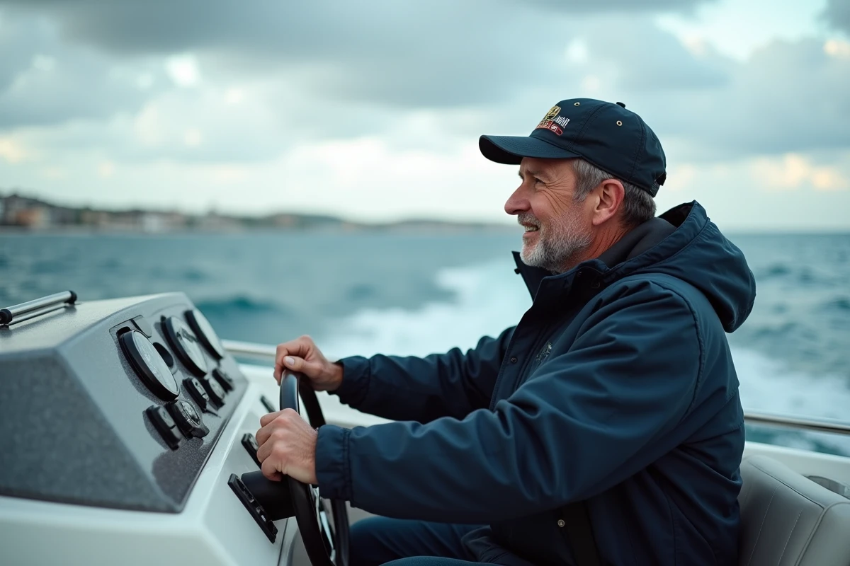 Homme d'âge moyen en veste nautique pilote un bateau
