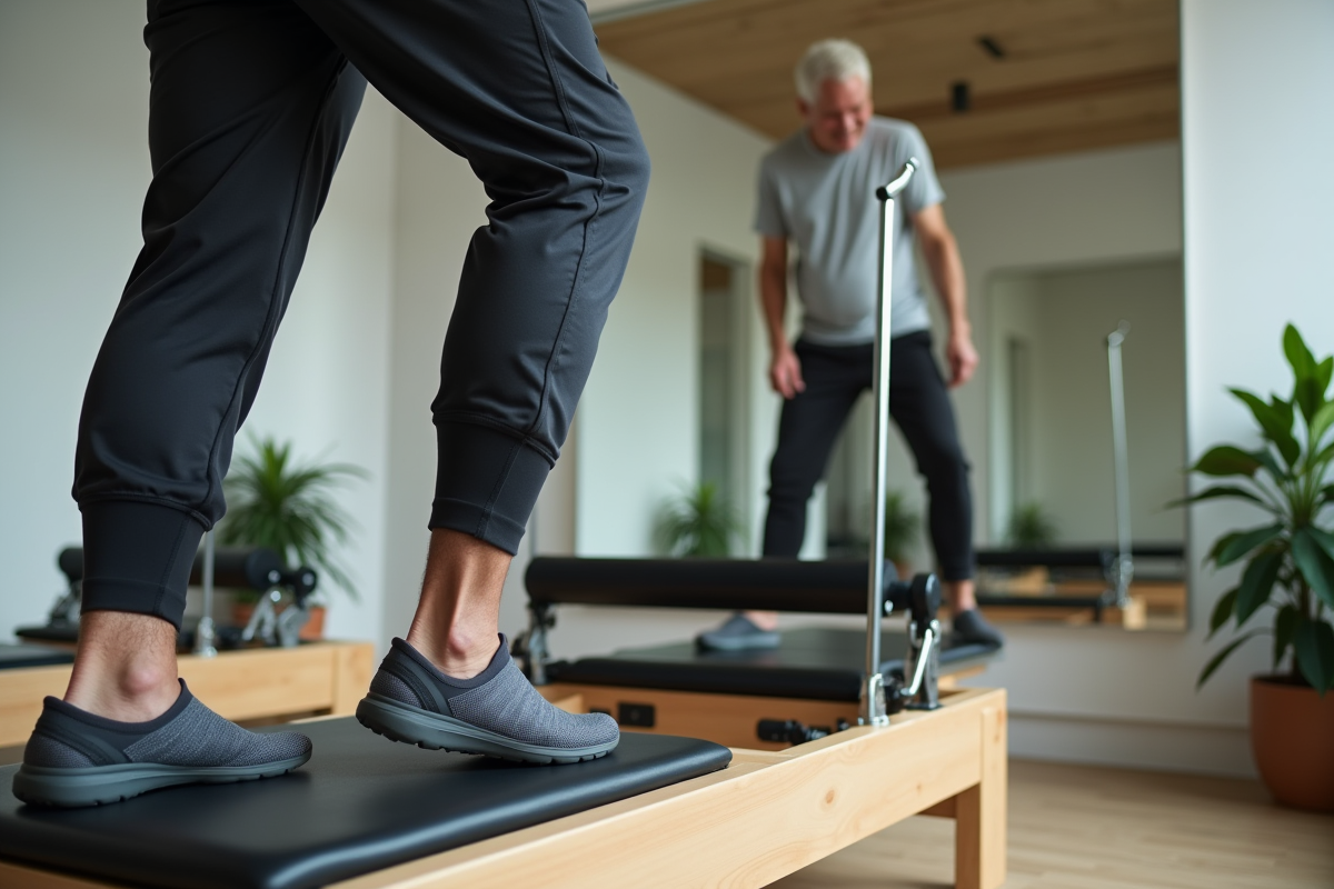 Homme senior en Pilates avec chaussures sur reformer dans studio moderne